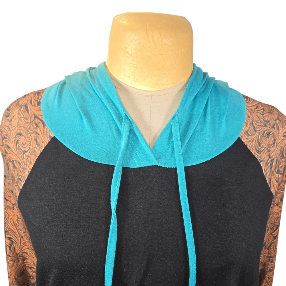 Crazy Train Women's 3XL Hoodie Black Teal Floral Paisley Raglan Western Boho - Picture 3 of 9